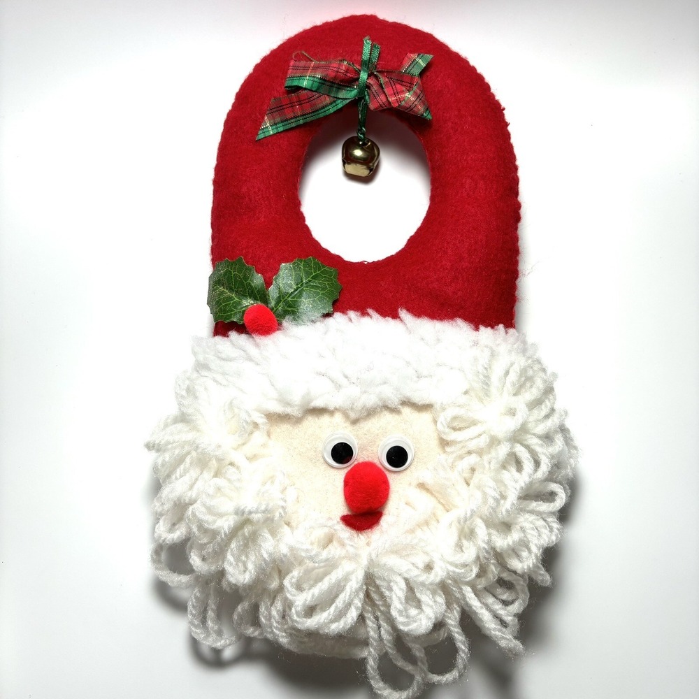 Santa Door Hanger Bell Yarn String Beard 11" Handmade Christmas